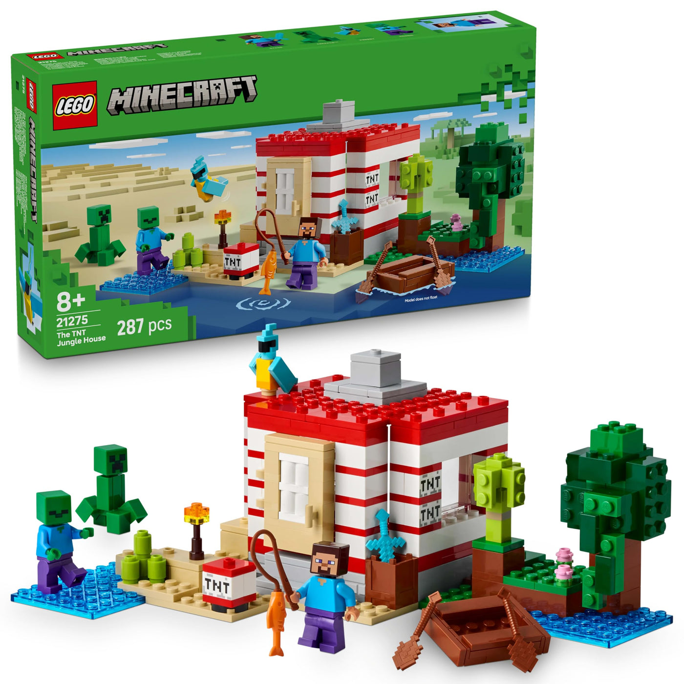 LEGO Minecraft Das TNT-Dschungelhaus - Gamer Spielzeug für Kinder - Interaktives Spielset mit Boot, Steve-, Creeper- und Zombie Minifiguren - Gaming Geschenk für Mädchen & Jungen ab 8 Jahren - 21275