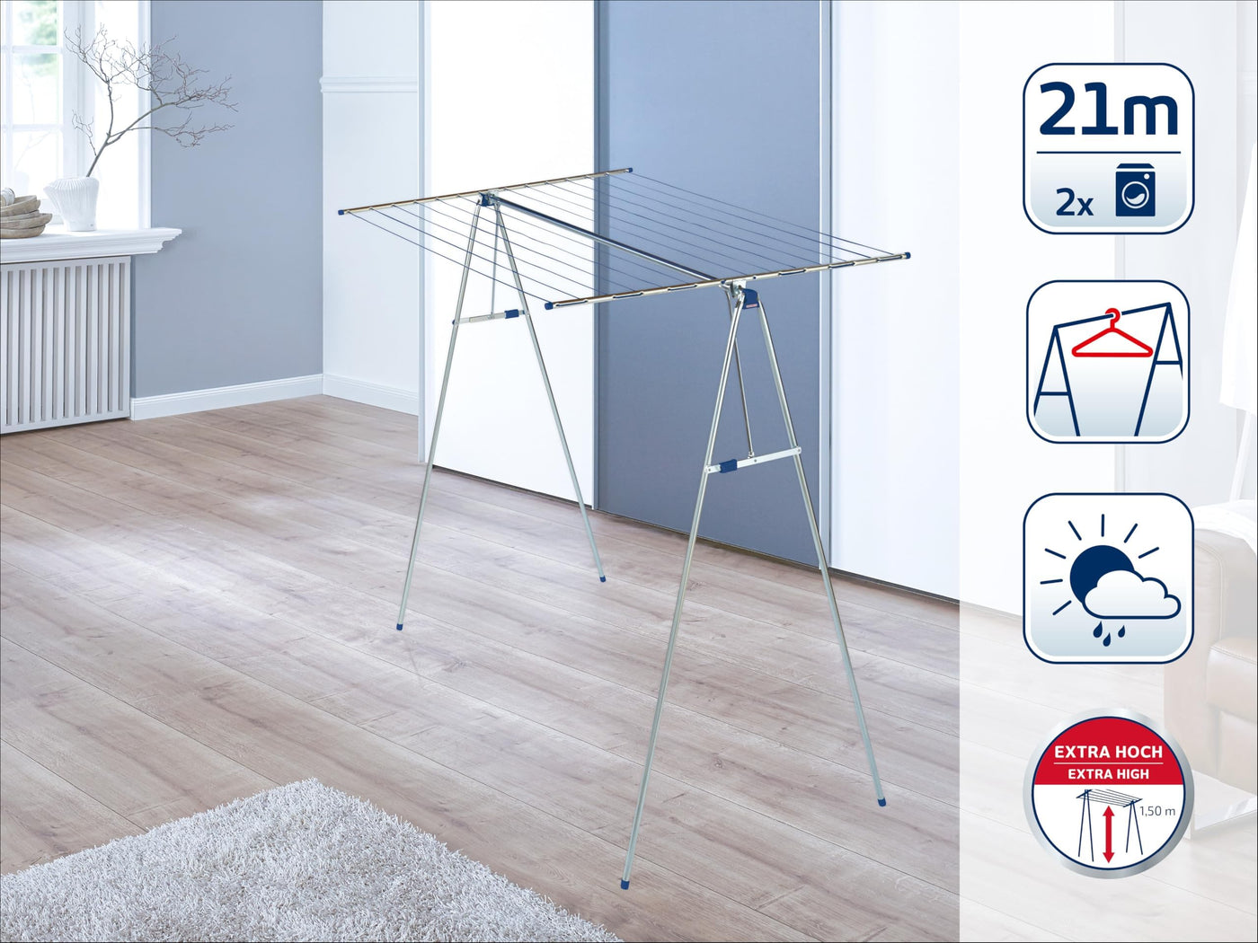 Leifheit Hochtrockner Linomaxx 210 mit 21 m Wäscheleine, leicht auf- und zusammenklappbarer Wäscheständer, Standtrockner mit automatischer Arretierung aus Kunststoff Bekleidung