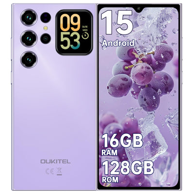 OUKITEL C62 Android 15 Smartphone Ohne Vertrag - 6.88" HD+ Handy mit Rückseitigem Display 16GB RAM+128GB ROM/1TB, 5000mAh Handy Günstig, Dual SIM Simlockfreie Handys/Face ID/GPS/OTG - Violett