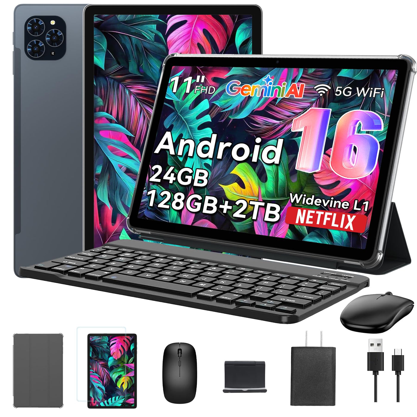 Tablet 2025 Das weltweit erste Android 16 Tablets mit Gemini AI, 11 Zoll FHD Display, 24GB RAM 128GB ROM / 2TB TF, 13MP Kamera, 8000mAh, Widevine L1, 5G WiFi, 2 in 1 - Tablet mit Tastatur und Stift