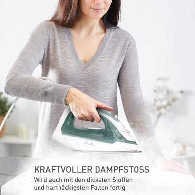 Tefal Virtuo 30 Dampfbügeleisen, 2000 W, 27 g/Min. Dampfabgabe, 120 g/Min. Dampfstoß, 30 Sek. Aufheizzeit, Vertikaldampf, Tropfstopp, Präzisionsbügelspitze, Eukalyptus, FV2C42E0