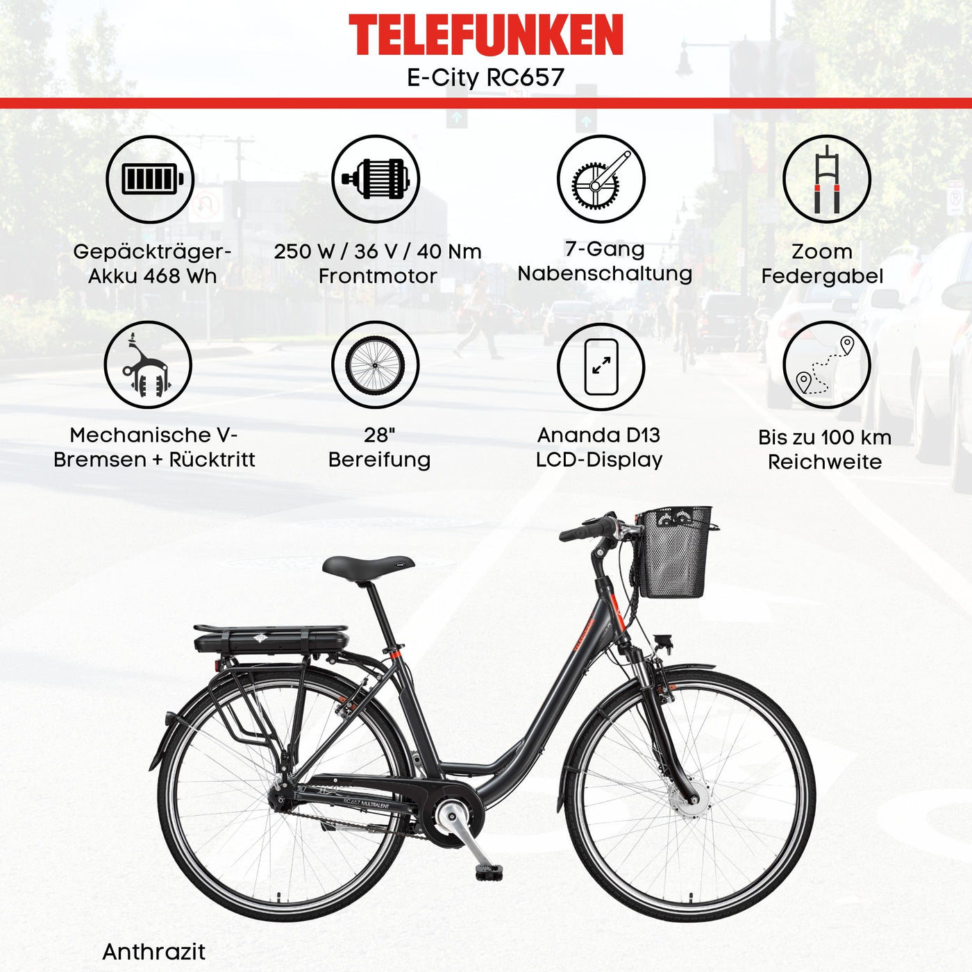 TELEFUNKEN E-Bike 28 Zoll Fahrrad für Damen & Herren | Pedelec Citybike mit 7-Gang Nabenschaltung | Rücktritt | EBike inkl Panzerkabelschloss | Elektrofahrrad 250 W Frontmotor | 536 Wh Li-Ion Akku