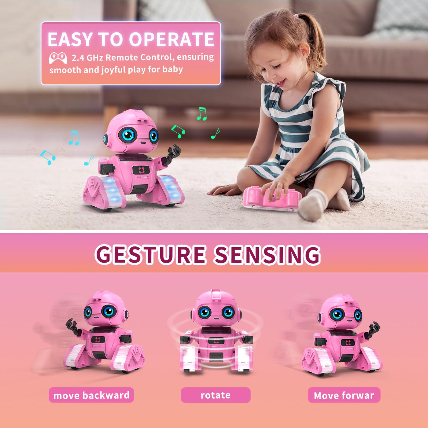 Dzxlin Roboter Spielzeug für Kinder – Wiederaufladbar, LED-Augen und Musik, RC-Roboter mit Gestensensor für ab 3 4 5 6 7 8 9 10 Jahre Jungen Geschenk （Rosa）