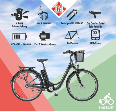 TELEFUNKEN E-Bike Damen 28 Zoll Elektrofahrrad 3-Gang Shimano Nabenschaltung + Rücktritt, Pedelec Citybike mit Fahrradkorb/Fahrradschloss, Frontmotor 250W /10,4Ah / 36V Sitzrohrakku, RC830
