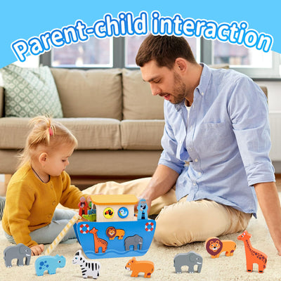 Arche Noah Holz | Holzspielzeug ab 1 2 3 Jahr Kinder | Taufgeschenke für Jungen Mädchen | Montessori Spielzeug Tier Sortier Stapel | Bibel Geschichte Buch Taufe