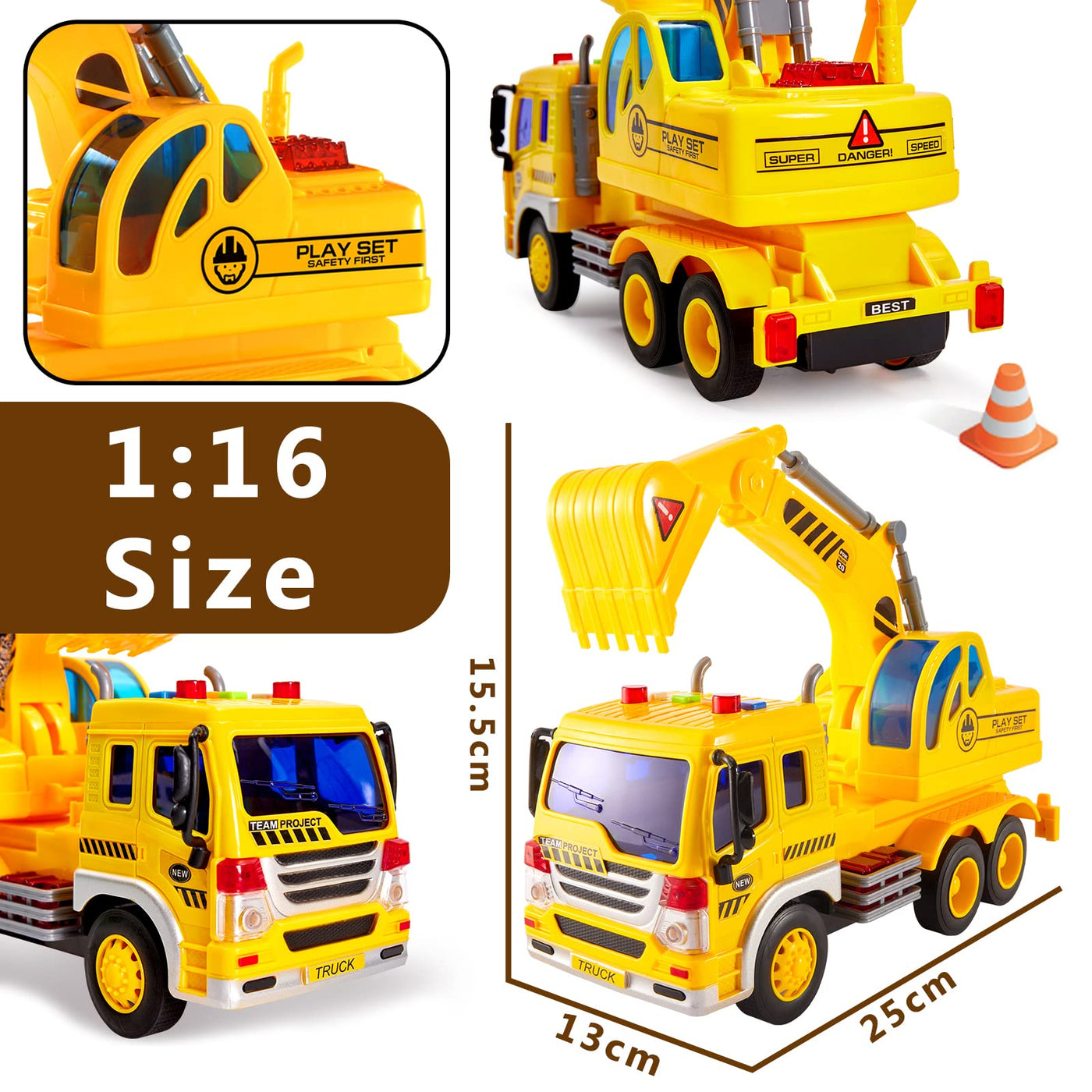 HERSITY Kinder Bagger Spielzeug mit Sound und Licht, 1/16 Fahrzeug Baustellenfahrzeuge Sandkasten, LKW Auto Kinderspielzeug Junge Kinder 3 4 5 Jahre