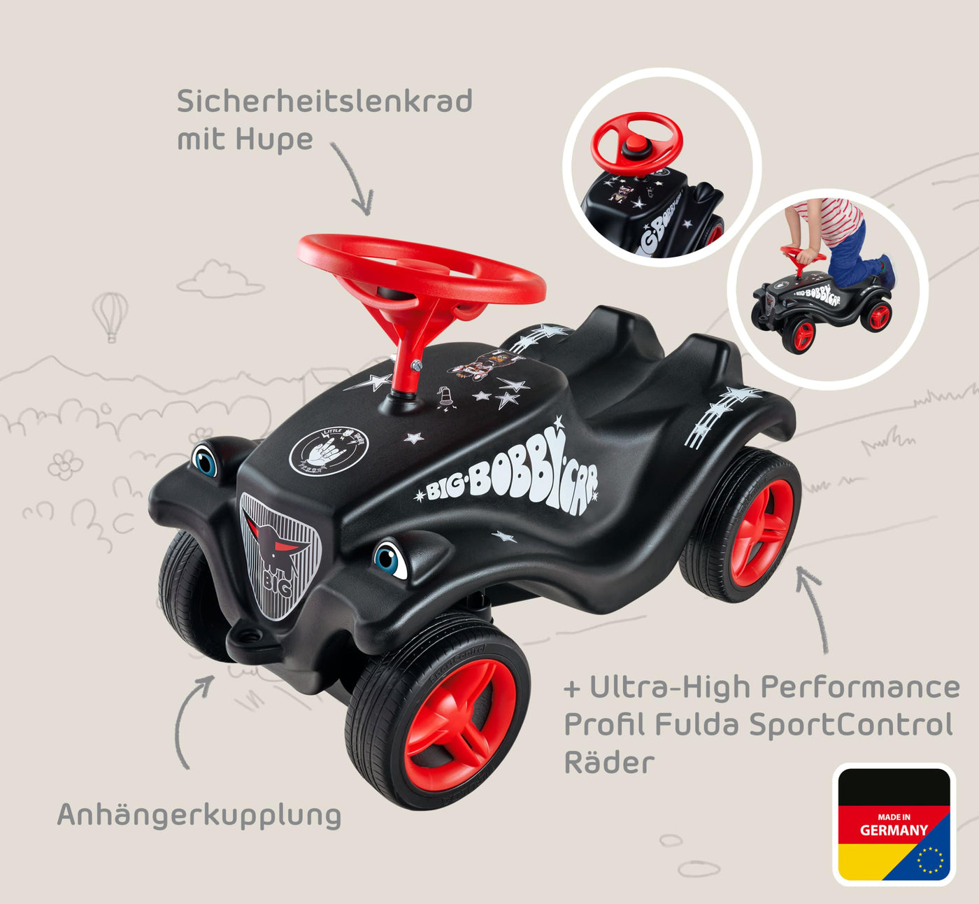 Big Bobby Car Classic Little Rocker - Rutschauto ab 1 Jahr im dunklen Rock n‘ Roll-Design mit rotem Sicherheits-Lenkrad und Hupe, für Kinder ab 12 Monaten (bis 50 kg), schwarz mit Aufklebern