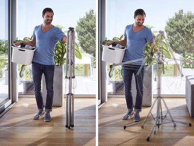 Leifheit Standwäschespinne LinoPop-Up 140, Wäscheständer mit vier Leinenarmen, platzsparender Standtrockner, selbststehende Wäschespinne, 14m Wäscheleine, Öffnung auf Knopfdruck, inkl. Schutzhülle