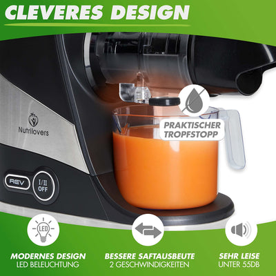 Nutrilovers Slow Juicer Entsafter Obst und Gemüse - Deutsche Marke - Kompaktes Design Edelstahl, 100% BPA-frei, Leichte Reinigung - Inkl. Rezepte-Ebook + Nutri-App