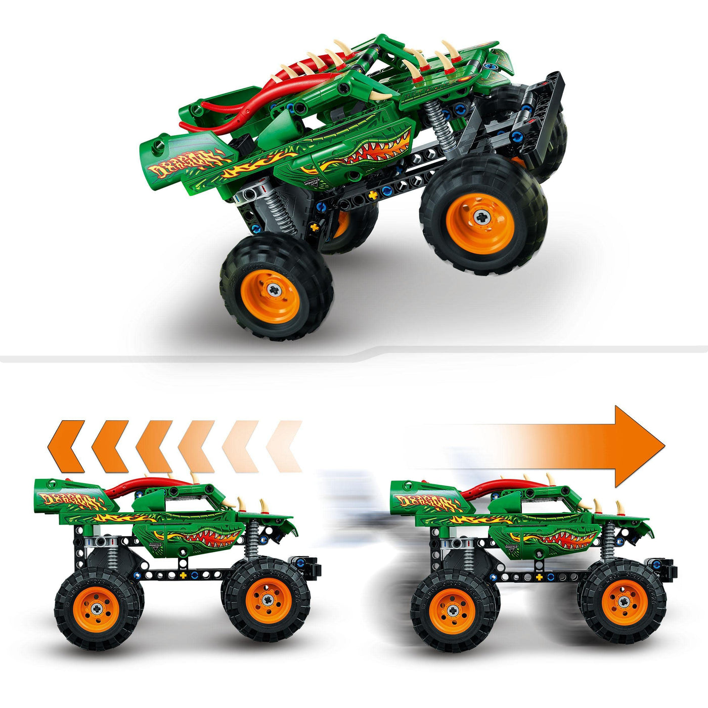 LEGO 42149 Technic Monster Jam Dragon, Monster Truck-Spielzeug für Jungen und Mädchen, 2in1-Rennwagen für Offroad-Stunts und als Geschenk für Kinder