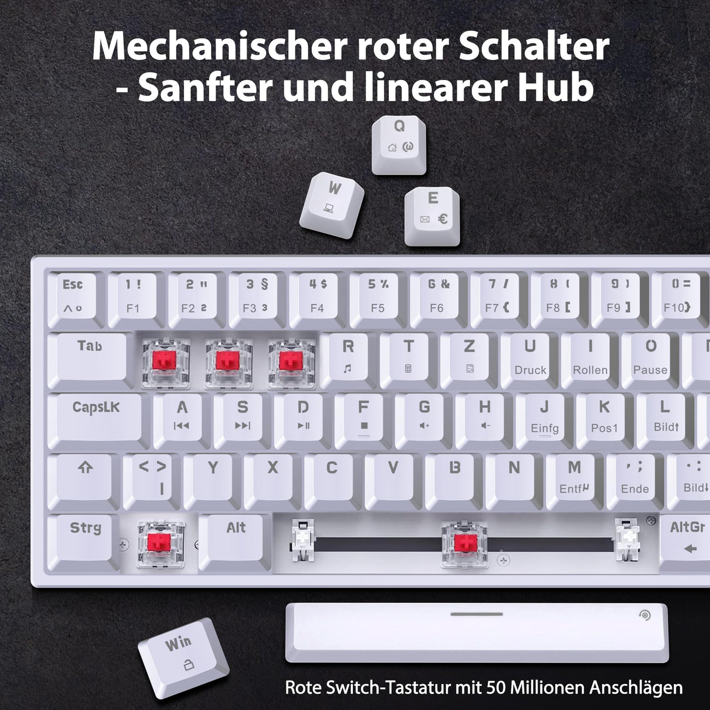Snpurdiri 60% kabelgebundene mechanische Gaming-Tastatur, 62 Anti-Ghosting-Tasten, Blaue LED-Hintergrundbeleuchtung, ultrakompakte Zwei Stände (Rot Schalter/62 Weiß)