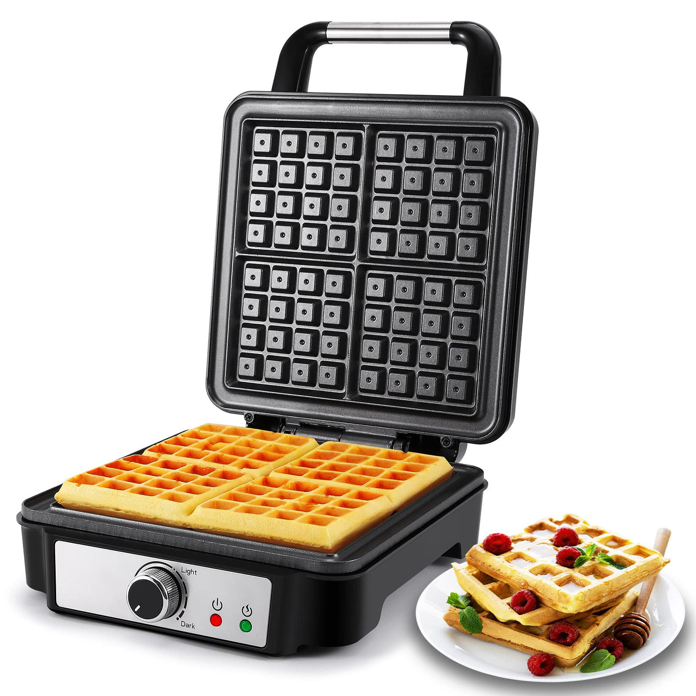 YASHE Waffeleisen Belgische Waffel, 4-Scheiben Quadratisches Belgisches Waffeleisen, 5 Bräunungsknopf, Kontrollleuchten, Anti-Überlauf, Antihaftbeschichtung, 1200W, Silber/Schwarz