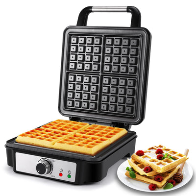 YASHE Waffeleisen Belgische Waffel, 4-Scheiben Quadratisches Belgisches Waffeleisen, 5 Bräunungsknopf, Kontrollleuchten, Anti-Überlauf, Antihaftbeschichtung, 1200W, Silber/Schwarz