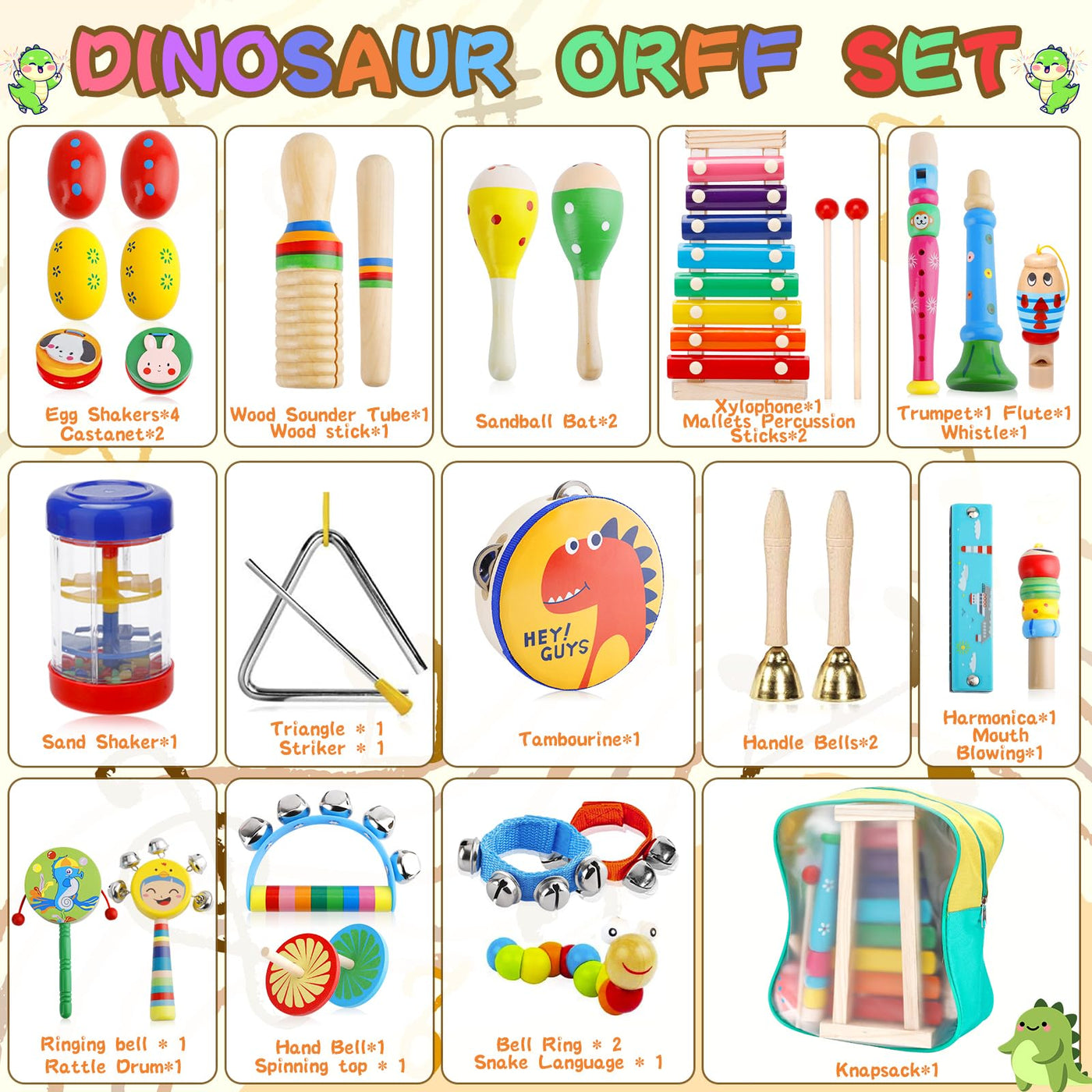 MZJAUVF 33Stück Musikinstrumente für Kinder, Musikinstrumente Musical Instruments Set, Holz Percussion Set, Xylophone für Kinders, Percussion Instrumente Kinders, Montessori Spielzeug ab 1 2 3 Jahre