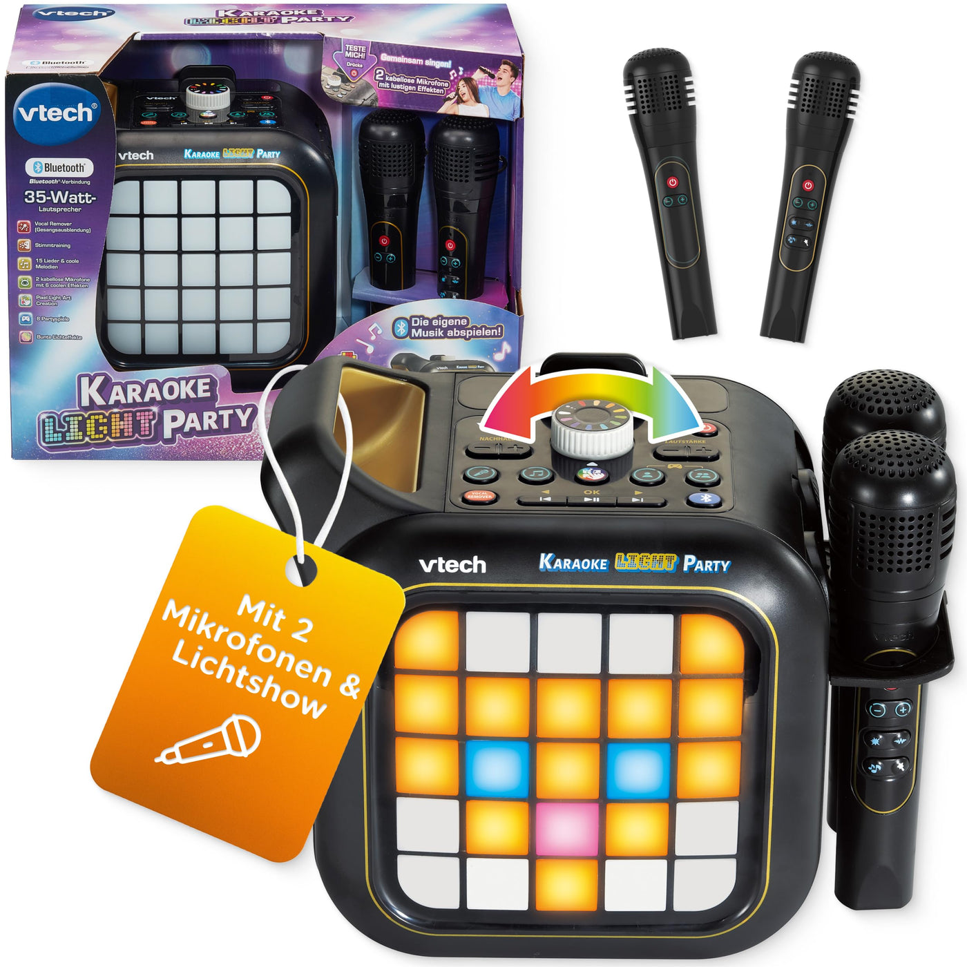 Vtech Karaoke Light Party – Karaokemaschine für Kinder mit 2 kabellosen Mikrofonen, Lichtshow, Bluetooth, 40W Lautsprecher, Spiele & Gesangseffekten