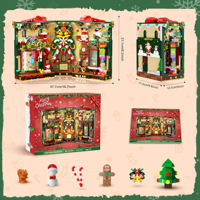 INSOON Weihnachten Book Nook Bauspielzeugset mit Licht, Weihnachts Bausteine Set mit Lebkuchenhaus Weihnachtsbaum, Weihnachts Baustein Geschenk Klemmbausteine für Erwachsene Kinder Mädchen Jungen 10+