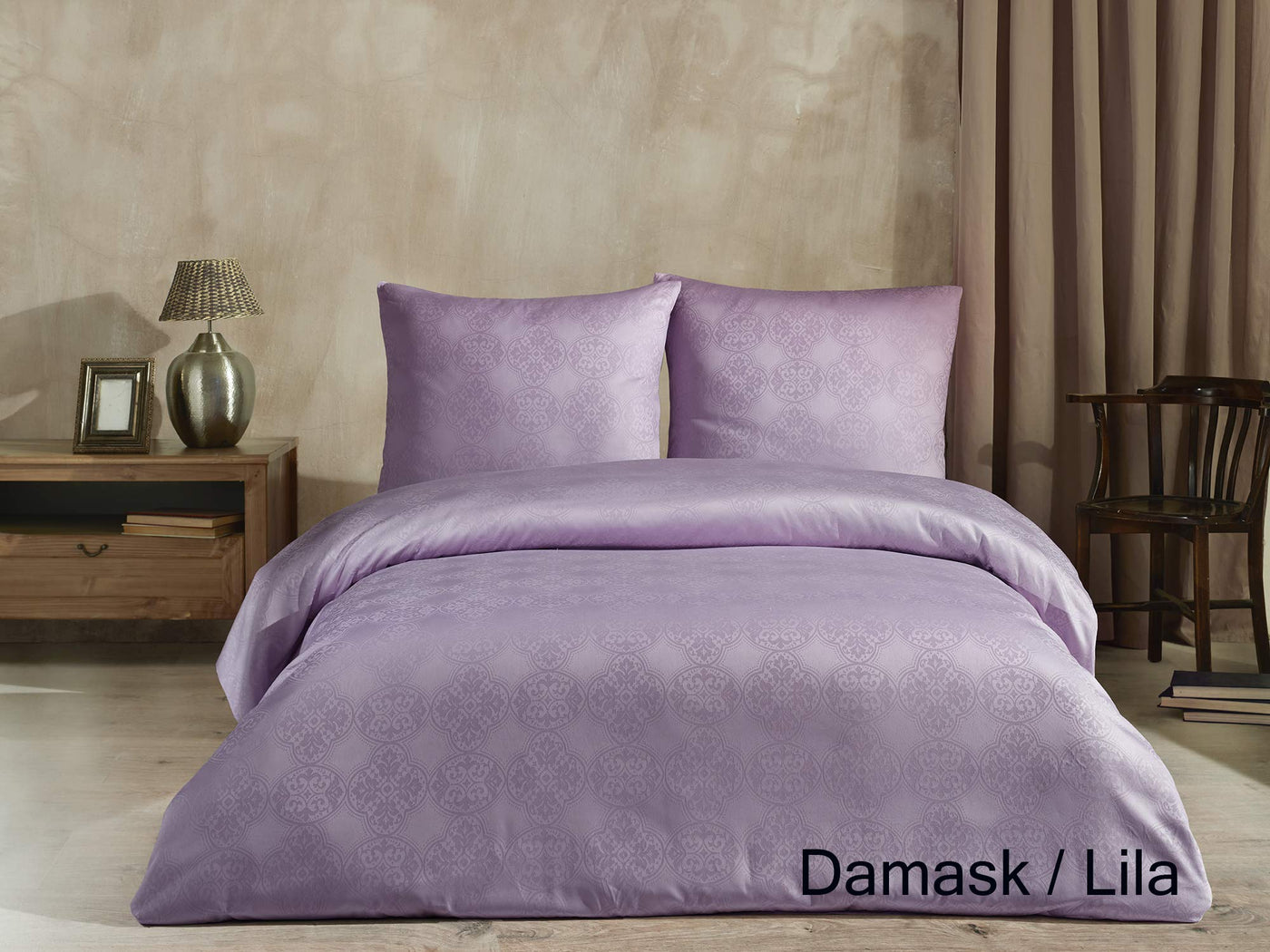 Sale and More Damast Mako Satin Bettwäsche Bettgarnitur Set mit Reißverschluss Kopfkissenbezug 80x80 cm Einfarbig Oeko-TEX® viele Farben & Größen NEU (Damask Lila, 220 x 240 + 2 x 80 x 80 cm)