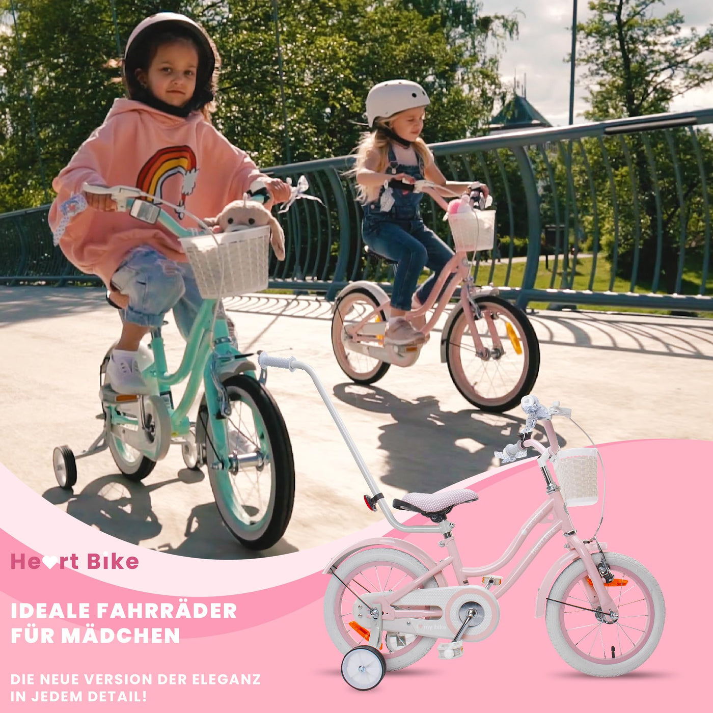sun baby Mädchenfahrrad 14 Zoll Radgröße Heart Bike zur Auswahl, mit Abnehmbarer Schubstange, Kinderfahrrad für Mädchen von 2 bis 6 Jahre (Silver Moon Rosa, 14 Zoll)