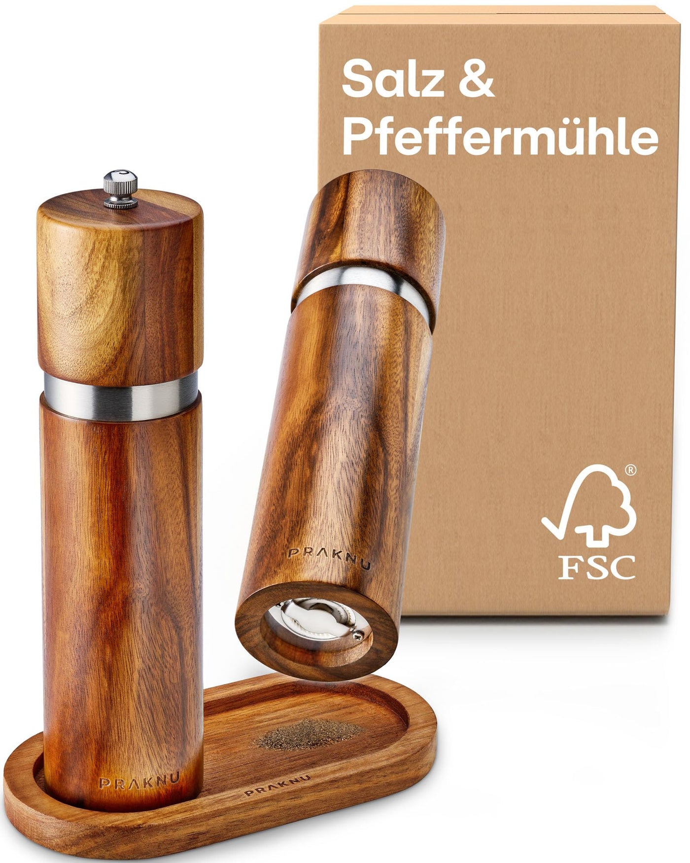 Salz und Pfeffermühle aus Akazienholz mit Untersetzer - Nachhaltiges FSC® Holz - Langlebiges Keramikmahlwerk - Plastikfrei