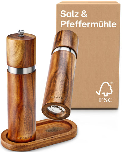 Salz und Pfeffermühle aus Akazienholz mit Untersetzer - Nachhaltiges FSC® Holz - Langlebiges Keramikmahlwerk - Plastikfrei