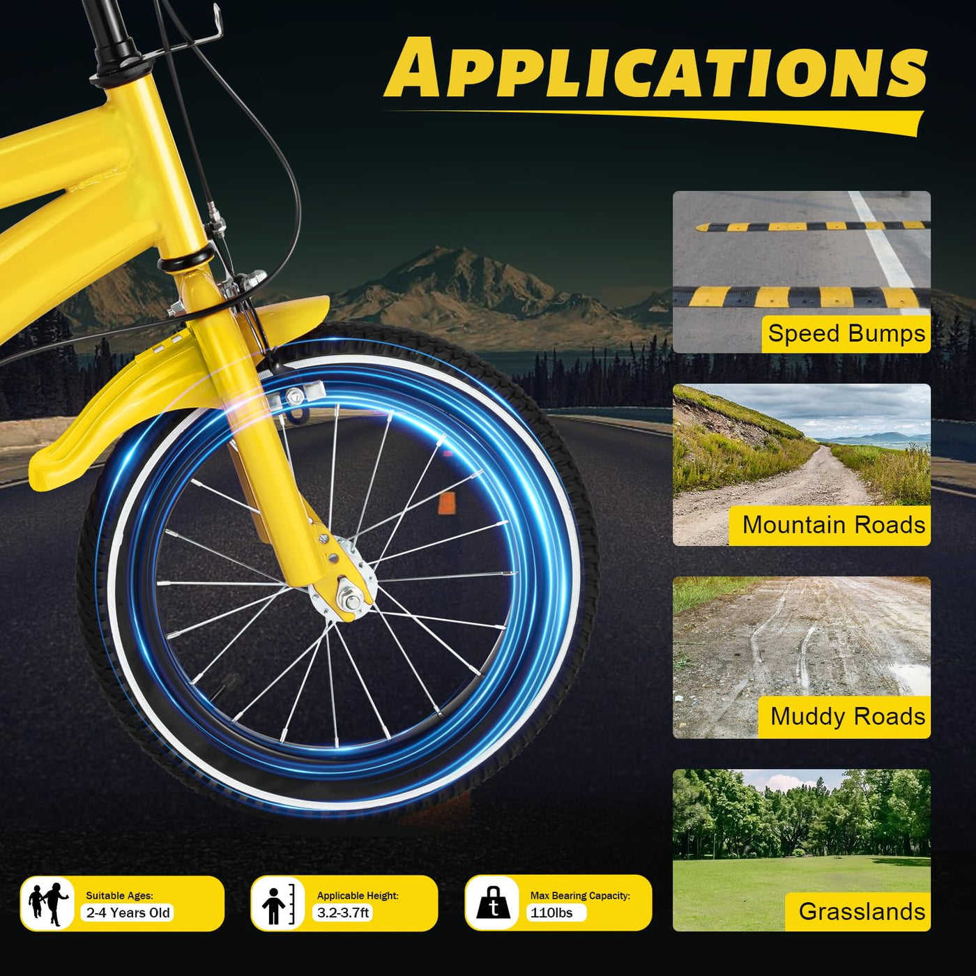 YyanLAK 14 Zoll Kinder Fahrrad, Kinderfahrrad Fahrrad Bike Mit Hilfsrad, Kids Mountainbike, Rad Bike Unisex, Einstellbare KissenhöHe 66-73cm, FüR MäDchen Jungen Bleu Pornografische (Gelb)