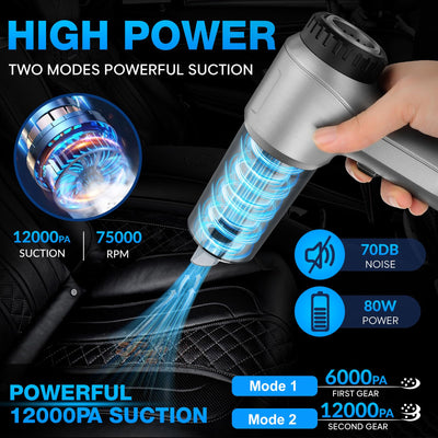 VEUWOLM Handstaubsauger, 12000Pa Handstaubsauger Akku, 3 in 1 Auto Staubsauger Staubgebläse Druckluft Handsauger, USB Wiederaufladbarer Mini Staubsauger, Tastatursauger für Auto, Haus, Büro, Silber