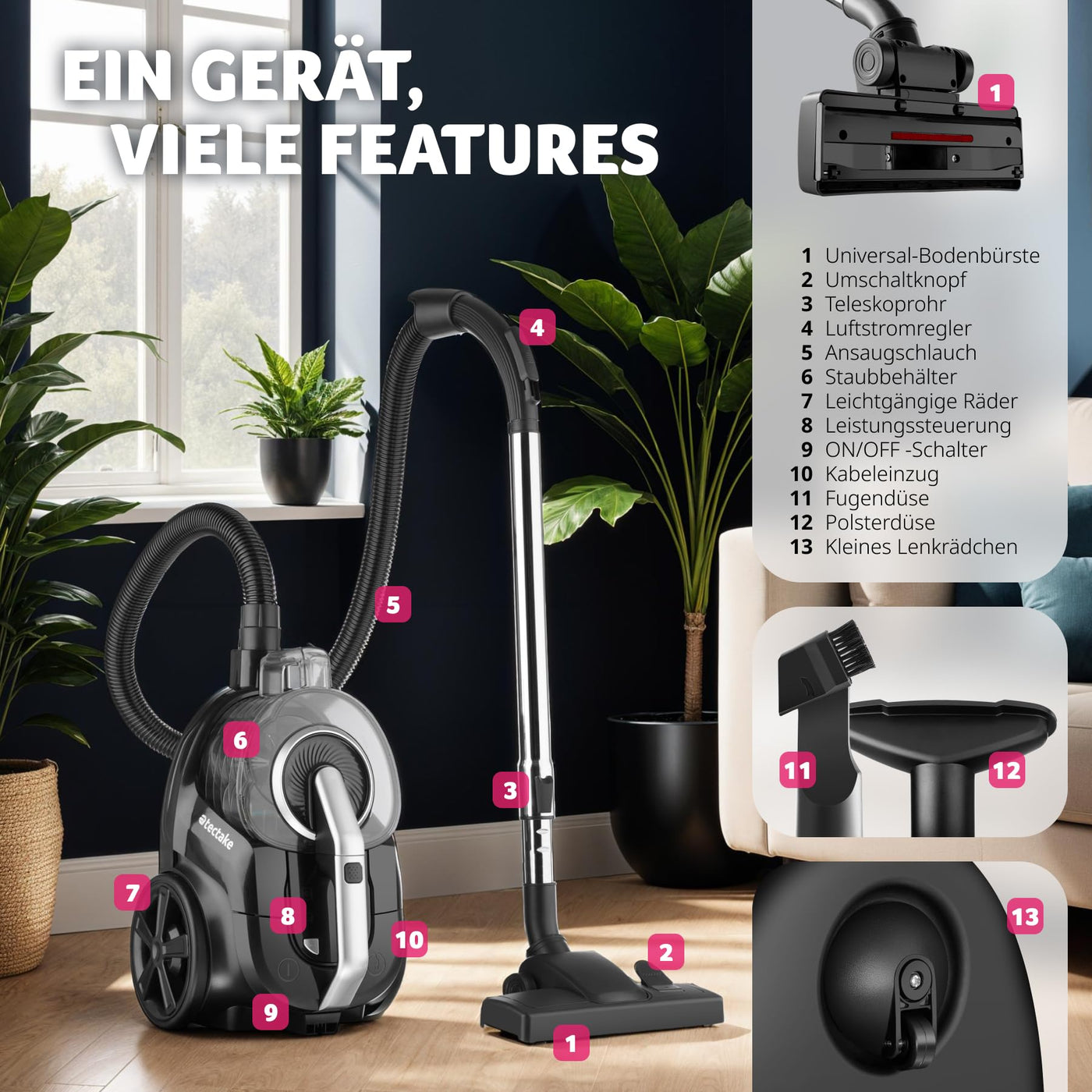 tectake® Staubsauger beutellos, VC900, 900 W, stark, beutelloser Bodenstaubsauger mit Kabel, für Tierhaare, Easy clean ohne Beutel für Teppichboden und Hartboden