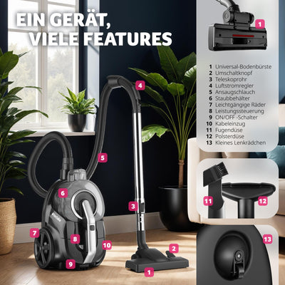 tectake® Staubsauger beutellos, VC900, 900 W, stark, beutelloser Bodenstaubsauger mit Kabel, für Tierhaare, Easy clean ohne Beutel für Teppichboden und Hartboden