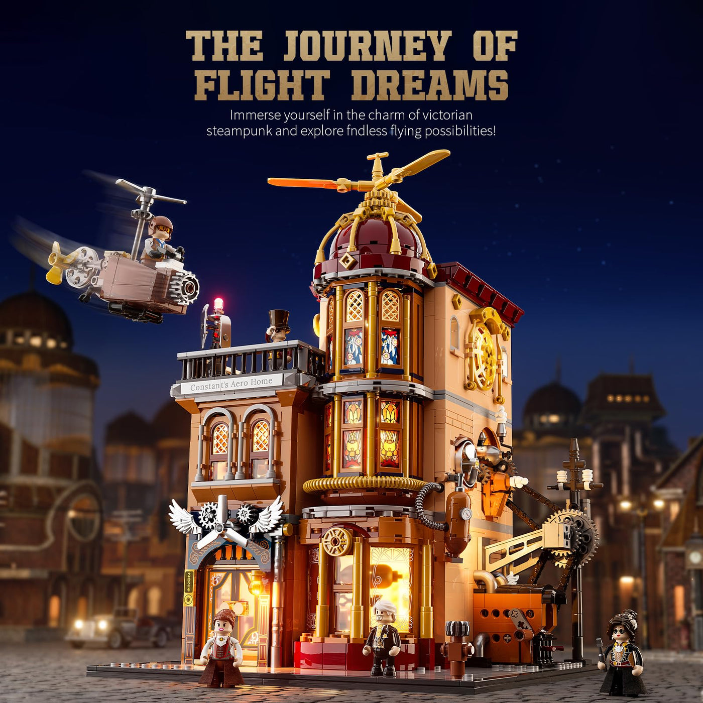 FUNWHOLE Steampunk Flugclub Beleuchtetes Baustein-Set - 1858 Teile Modularer Baukasten Sammler-Set für Erwachsene und Jugendliche