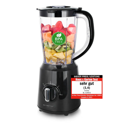 Emerio Standmixer BPA frei Crush Ice Funktion 1.5l Behälter 2 Geschwindigkeiten + Pulse Funktion Messereinheit aus Edelstahl Sicherheitsschalter geschirrspülgeeignet 500 Watt BL-12816.8 Schwarz