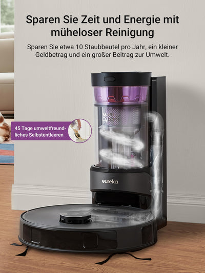 EUREKA E10s DE Saug- & Wischroboter + beutelloser Multi-Zyklon-Absaugstation (4000Pa, auto Teppicherkennung & auto Mop Lifting, LiDAR-Navigation, ideal gegen Tierhaare, App- & Sprachsteuerung) schwarz
