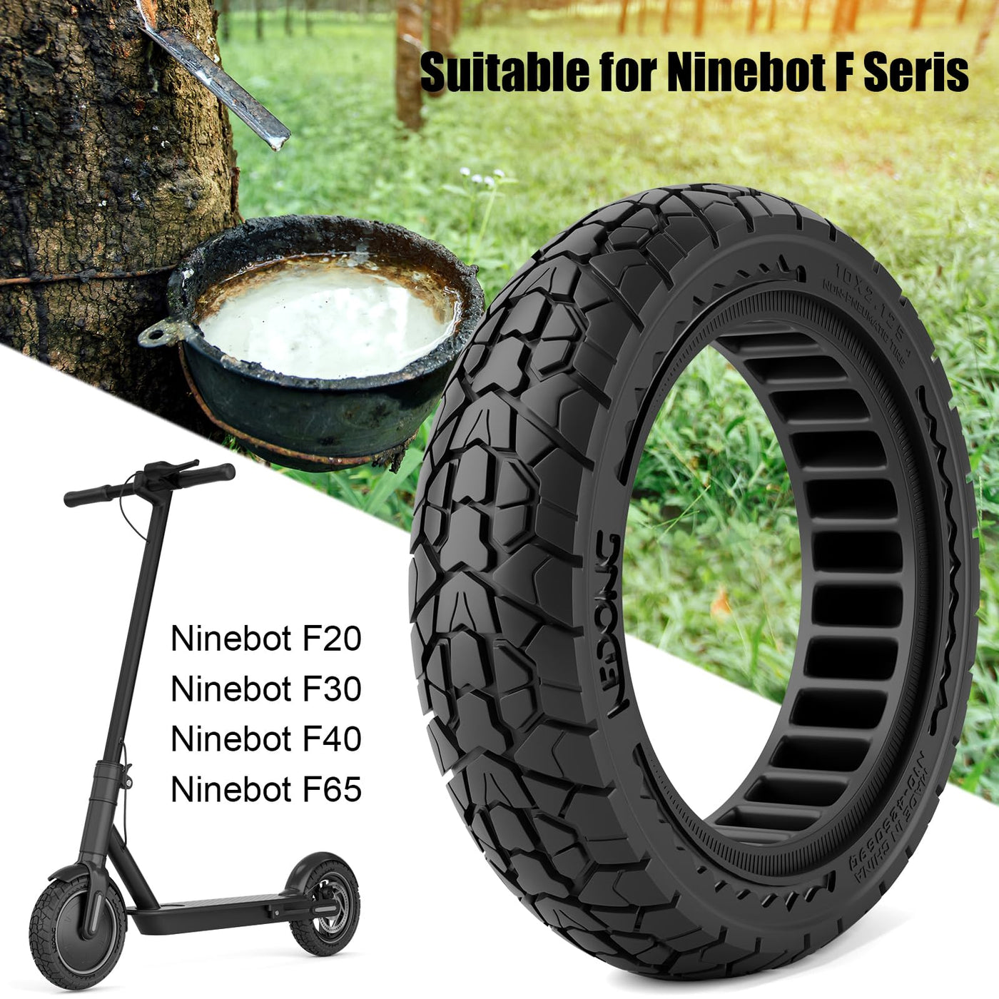 OUXI 10X2.125 Off Road Reifen für Elektroroller Ninebot F20/F30/F40/F65, 10 Zoll Vollgummireifen für Vorder- und Vollgummireifen für Elektroroller Tubeless(Schwarz 1Stück)