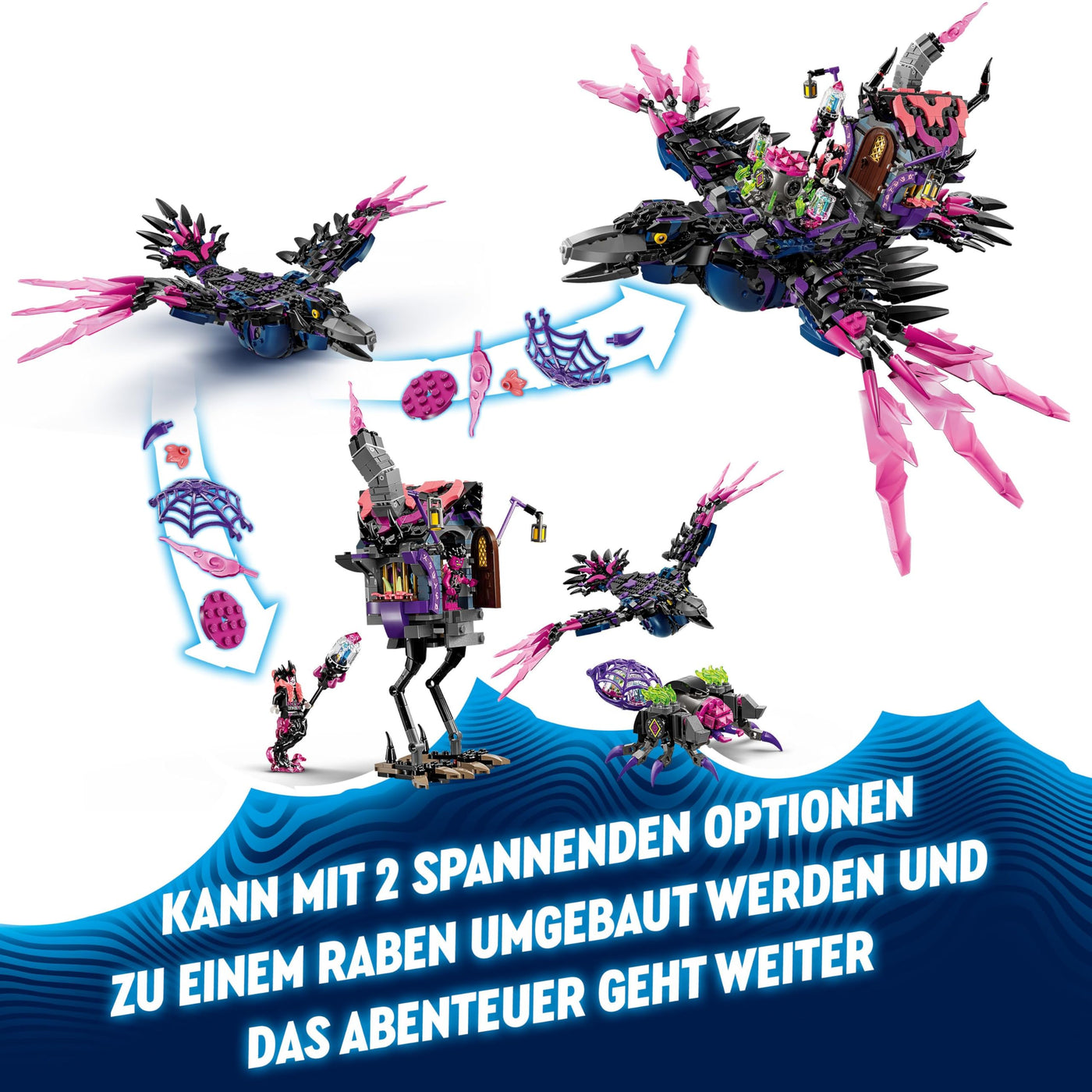 LEGO DREAMZzz 3-in-1 Der Mitternachtsrabe der Nimmerhexe, Spielset für Jungen und Mädchen ab 9 Jahren, mit Tierfigur, Fantasy-Hütte zum Umbauen in EIN Haus, eine Spinne oder einen Vogel 71478