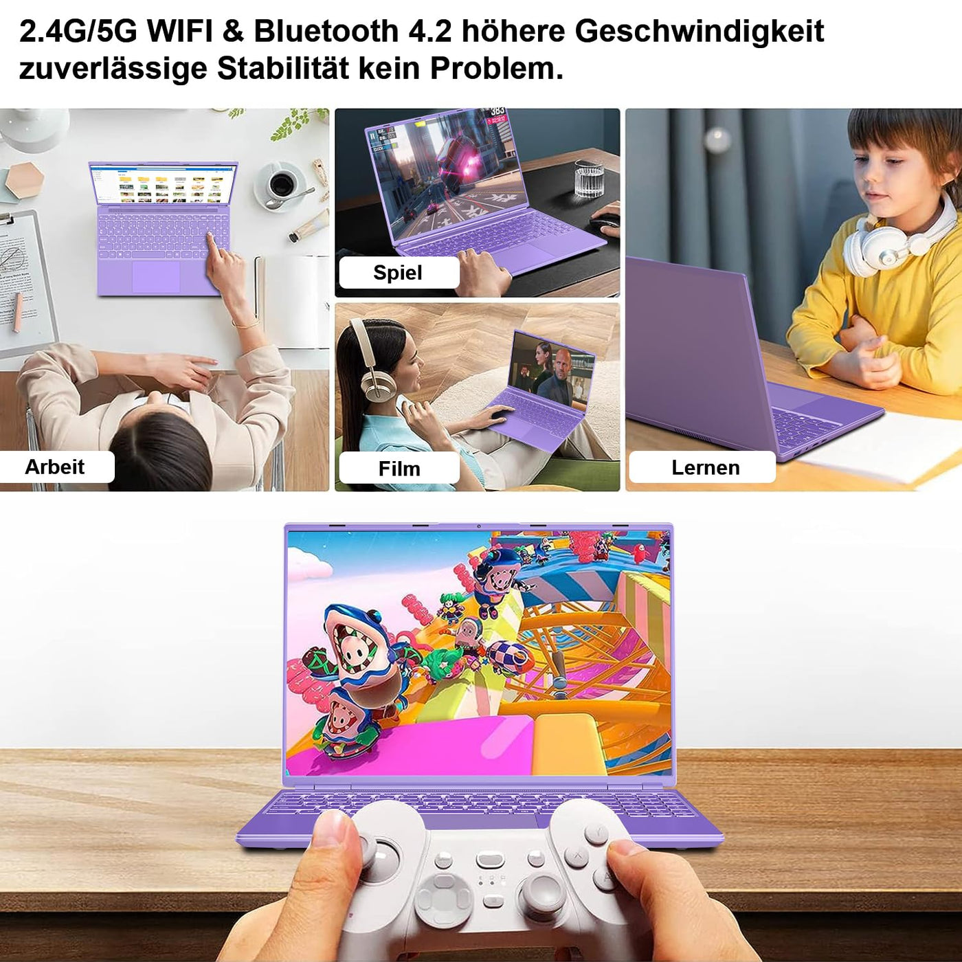 2025 Gaming Laptop 16 Zoll Win11 12+512GB SSD Unterstützung 2TB(HDD-2TB) 1920x1200 Notebook 4-Core Celeron N5095 (bis 2.9GHz) Laptop mit Nummerntastatur WiFi Mini HDMI Deutscher Tastaturschutz-Lila