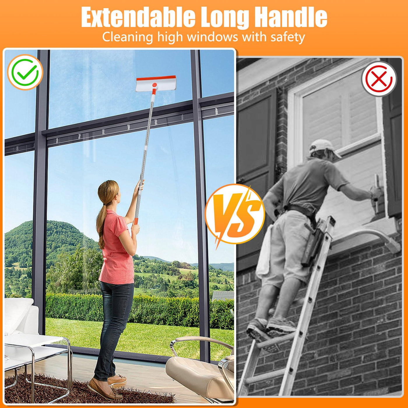Alyvisun Fensterputzer Teleskop, Professioneller Fensterwischer mit Verlängerungsstange [132cm], 2 in 1 Fensterputzer Set mit Silikonabzieher & 4 Mikrofaserschrubber für Hohe Fenster