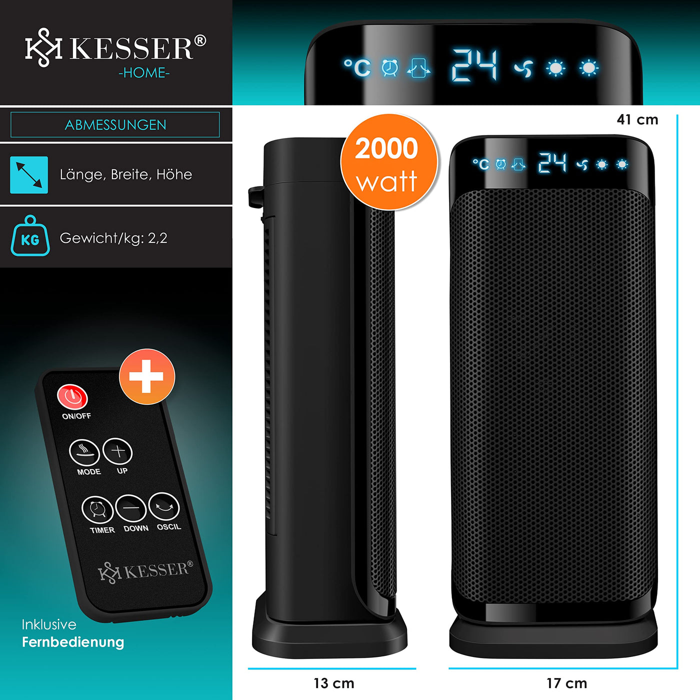 KESSER® - Heizlüfter mit Fernbedienung - 2000W Keramik Heizlüfter Heiztower 10-35°C energiesparend leise - Schnellheizer mit Oszillationsfunktion - 2 x Heizstufen - Timer - Heizung Heater