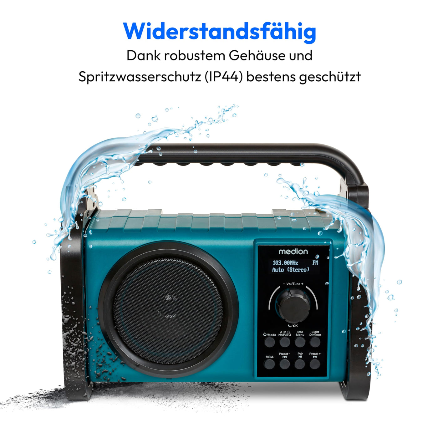 MEDION E66877 DAB+ Baustellenradio (Robustes Gehäuse, Spritzwassergeschützt (IP44), Bluetooth 5.0, PLL UKW Radio, LED-Arbeitslicht, Akku- und Netzbetrieb) blau