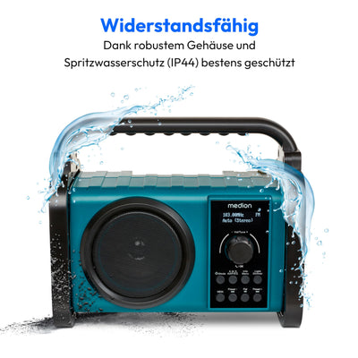 MEDION E66877 DAB+ Baustellenradio (Robustes Gehäuse, Spritzwassergeschützt (IP44), Bluetooth 5.0, PLL UKW Radio, LED-Arbeitslicht, Akku- und Netzbetrieb) blau