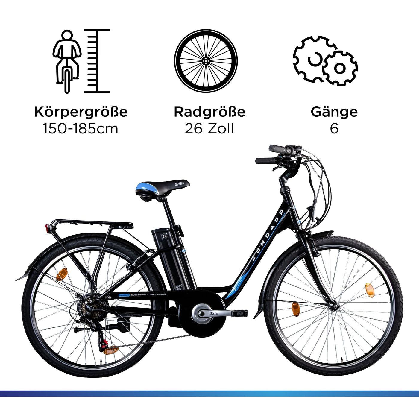 ZÜNDAPP Z505 City E-Bike Damen 26 Zoll | Citybike mit 6 Gang Schaltung Pedelec | für 150-185 cm | Bike mit StVZO Beleuchtung und Gepäckträger (schwarz, 43 cm)