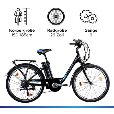 ZÜNDAPP Z505 City E-Bike Damen 26 Zoll | Citybike mit 6 Gang Schaltung Pedelec | für 150-185 cm | Bike mit StVZO Beleuchtung und Gepäckträger (schwarz, 43 cm)