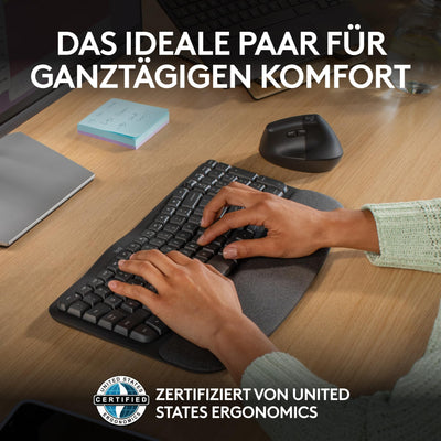 Logitech Wave Keys und Lift vertikale Maus – Ergonomisches Bundle – kabellose Tastatur mit gepolsterter Handballenauflage und vertikale kabellose Maus – Bluetooth, Multi-OS, Windows/Mac - Graphit