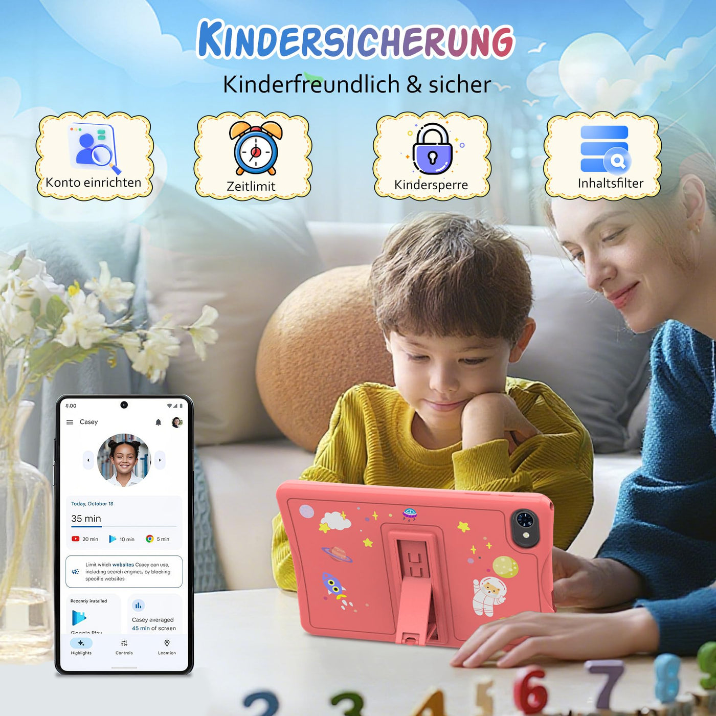 TABWEE Kinder Tablet 10 Zoll, Android 15 mit 12GB RAM + 64GB ROM + 2TB Erweiterbar, 5G WiFi, Widevine L1, 5000mAh, Quad Core, Elterliche Kontrolle, GMS Certified Kids Tablet mit Eva Case