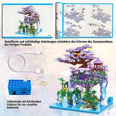 HILKKET Sakura Baumhaus Bauklötze Kit, 4574 Teile Chinesische Architektur Bausteine mit Lichter, Feenpavillon Micro Mini Bausteine, Sakura Baumhaus Lichter Baukasten mit Geschenkbox