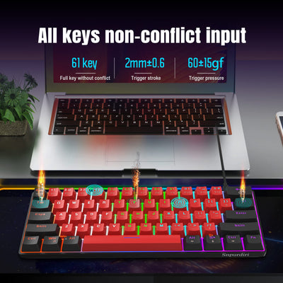 Snpurdiri 60% kabelgebundene mechanische Gaming-Tastatur, 61 Anti-Ghosting-Tasten, RGB-Hintergrundbeleuchtung, ultrakompakte Zwei Ständer (Blauer Schalter/Schwarz Rot)