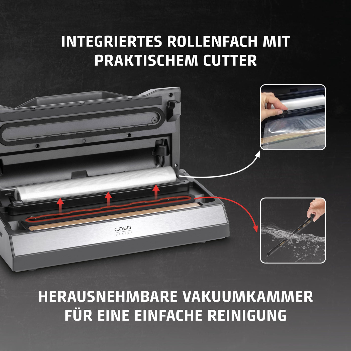 CASO VRH 690 advanced Vakuumierer Testsieger, Vakuumiergerät für Lebensmittel, 150 Vakuumiervorgänge nonstop, doppelte Schweißnaht, 20 Liter/Min, Cutter, inkl. 2 Profi- Folienrollen