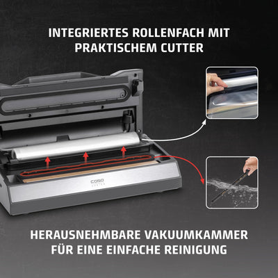 CASO VRH 690 advanced Vakuumierer Testsieger, Vakuumiergerät für Lebensmittel, 150 Vakuumiervorgänge nonstop, doppelte Schweißnaht, 20 Liter/Min, Cutter, inkl. 2 Profi- Folienrollen
