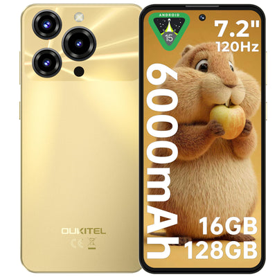 OUKITEL C69 Smartphone Ohne Vertrag - 7,2 Zoll 120Hz Display 6000mAh Akku Handy Ohne Vertrag 64MP+8MP 16GB+128GB/1TB Smartphone Android 15 Simlockfreie Handys Dual SIM 4G Face ID/OTG/GPS/Gold