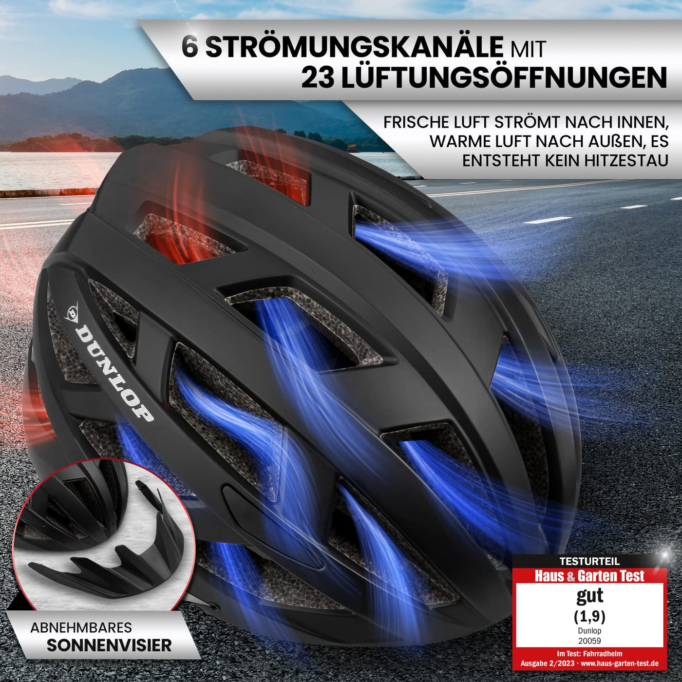 Dunlop Sports Fahrradhelm mit Licht - Sofort gesehen Werden - Ultraleichter Spezial Damen Herren Kinder Fahrrad Helm mit Visier und Rücklicht für hohe Sicherheit - Urban (Schwarz, M (55-59 cm)