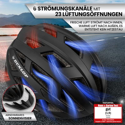 Dunlop Sports Fahrradhelm mit Licht - Sofort gesehen Werden - Ultraleichter Spezial Damen Herren Kinder Fahrrad Helm mit Visier und Rücklicht für hohe Sicherheit - Urban (Schwarz, M (55-59 cm)