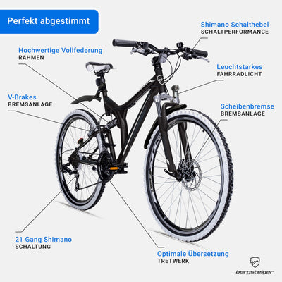 Bergsteiger Phoenix 26 Zoll Mountainbike, geeignet ab 160 cm, Scheibenbremse, Licht, Schutzblech, 21 Gang-Schaltung, Vollfederung